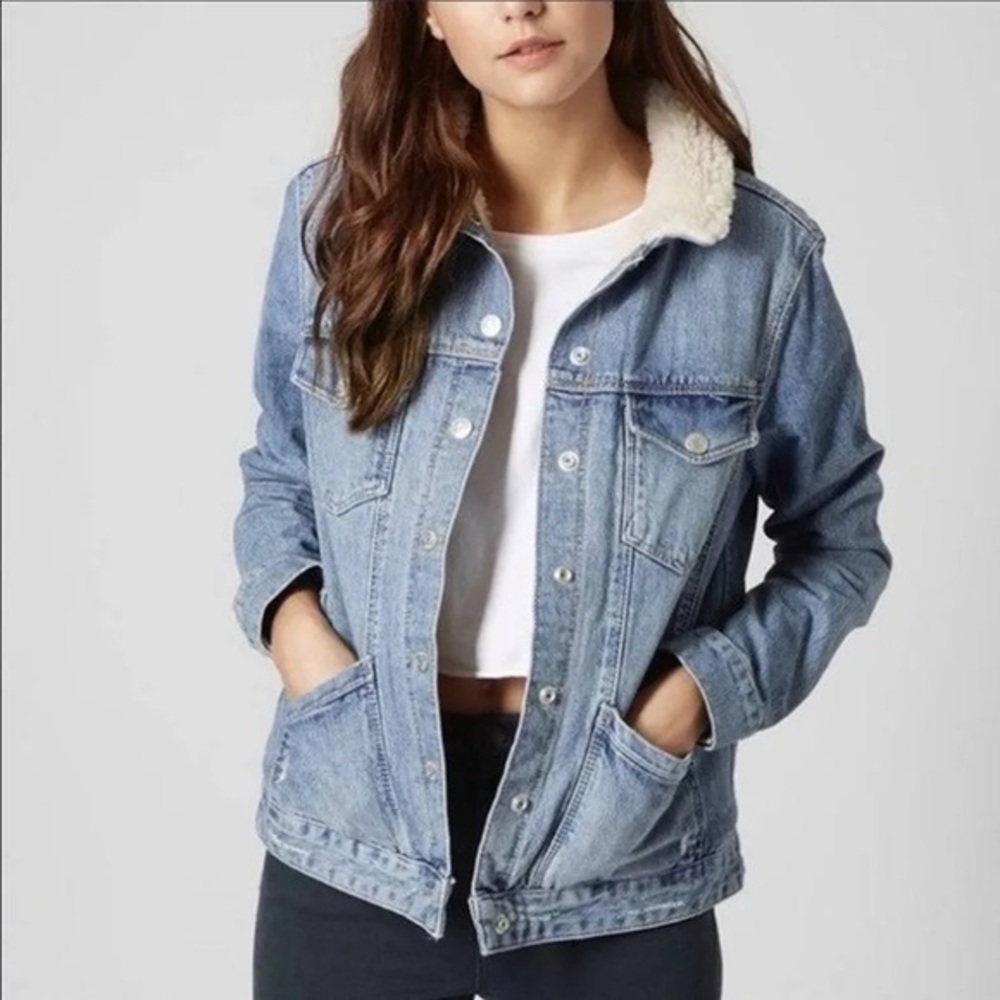 Topshop Moto Sherpa Lined Denim Jacket light wash
